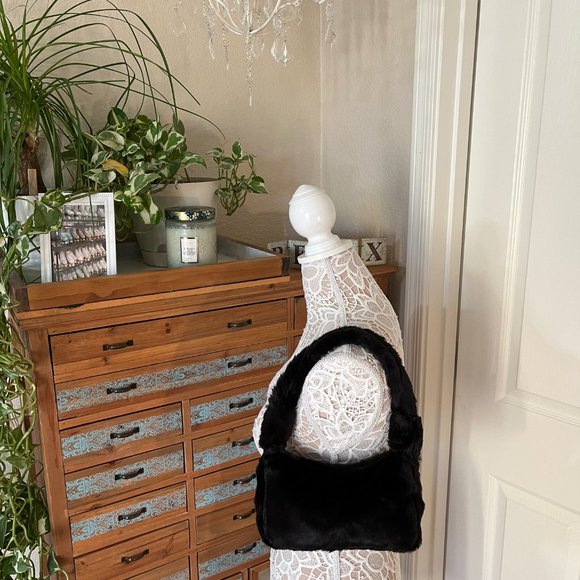 Furry Fluffy Soft Plush Shoulder Mini Hobo Handbag - NWT - Black - Picture 10 of 11